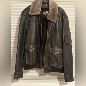 Harley Davidson Men's Vintage Brown Leather Jacket with Fur Collar and Lining
